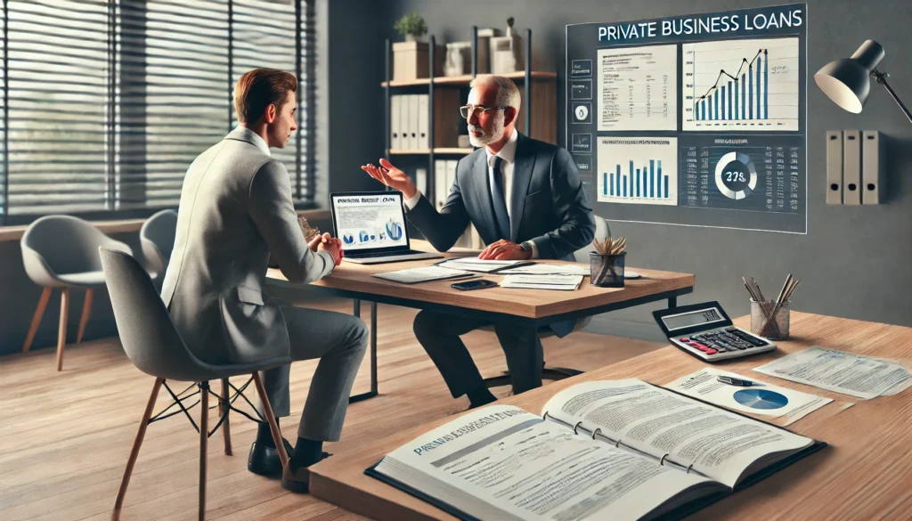  A photorealistic scene illustrating the concept of private business loans in a professional office setting. A small business owner is seated at a desk