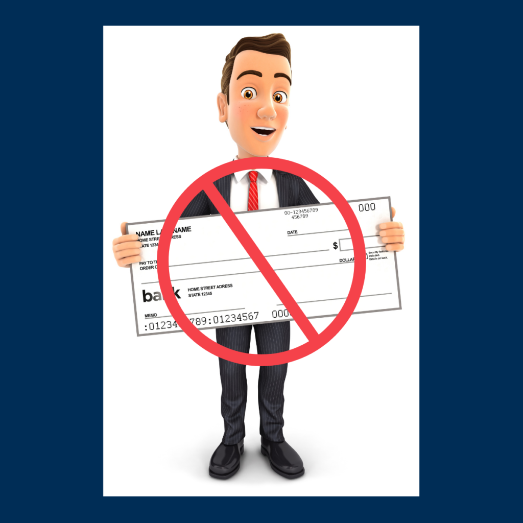 cartoon man holding blank check with a stop icon questioning the best bank for your business