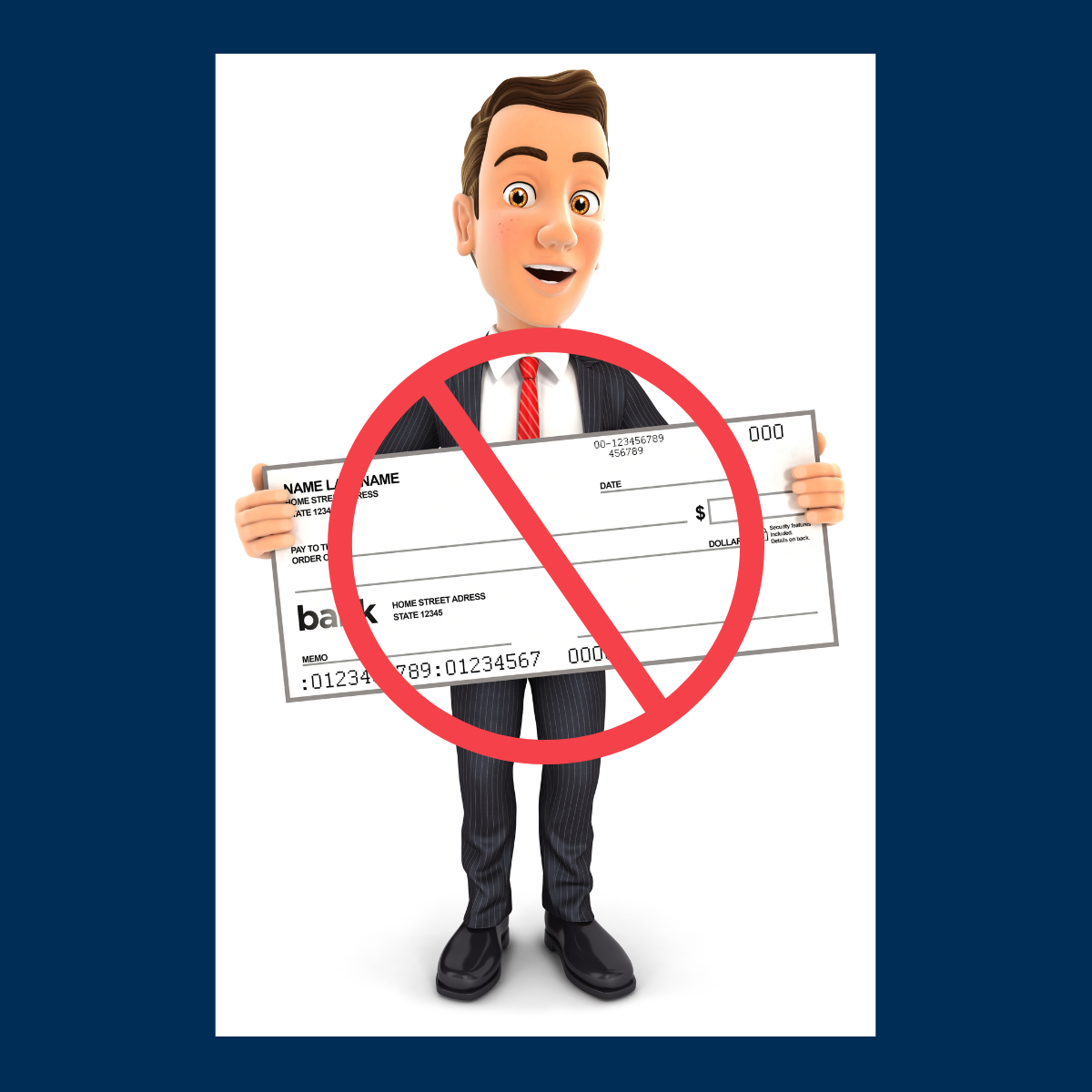 cartoon man holding blank check with a stop icon - the best business bank account