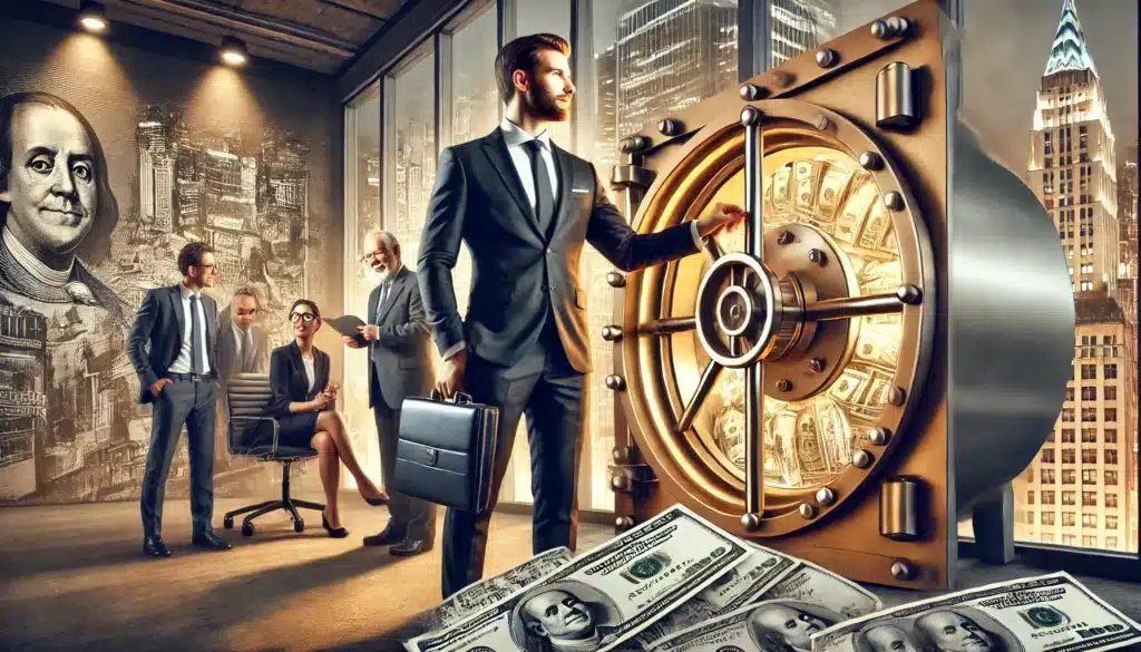 A photorealistic image of a confident business professional unlocking a vault filled with money, symbolizing easy business loans to get. 