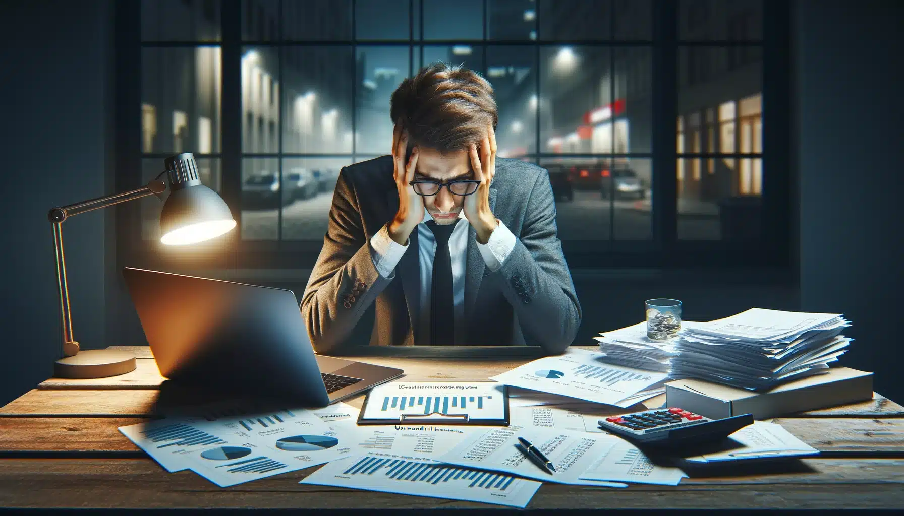 A photorealistic image depicting the stress of cash flow management. A small business owner sits at their desk, looking overwhelmed