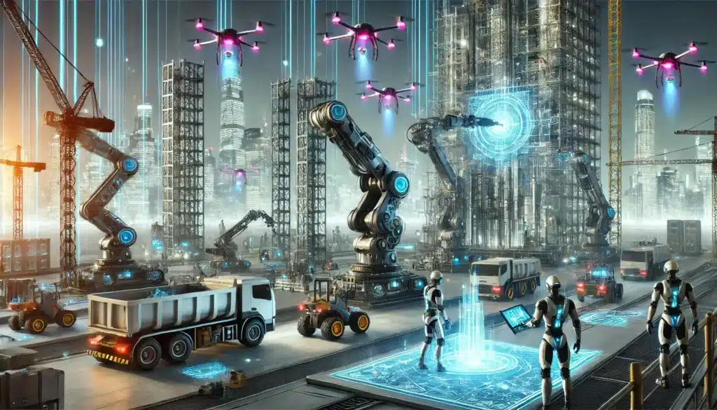 A futuristic construction site showcasing advanced robotics and automation. Giant robotic arms assemble skyscrapers with precision, while drones hover.