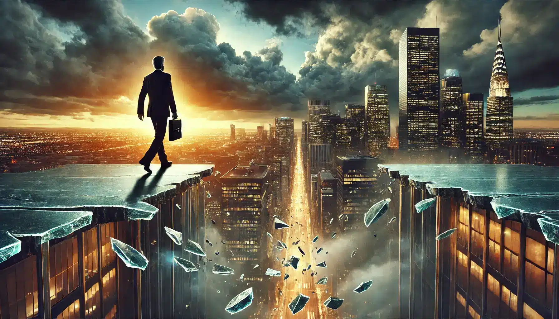 A symbolic and dramatic scene representing overconfidence in business. A businessman in a futuristic city stands on a dangerously crumbling glass bridge.