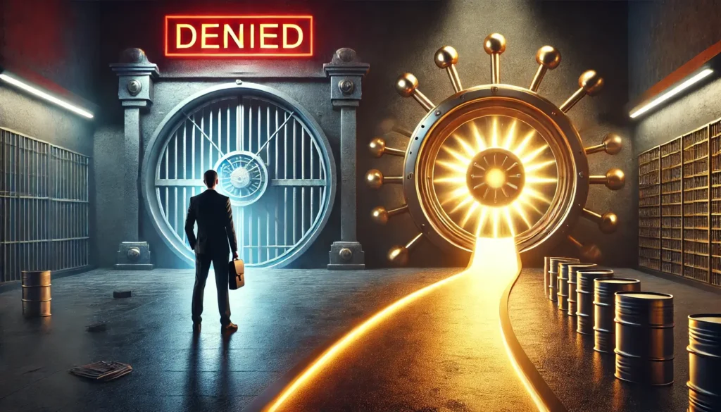 A symbolic representation of financial challenges and opportunities. On the left, a businessman stands in front of a massive, closed bank vault door - Discover Why Traditional Banks Say No—and How Sunwise Says Yes