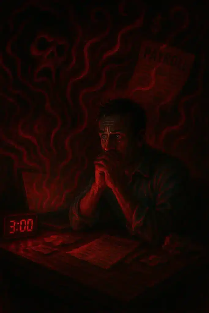 unsettling visual of a business owner haunted by cash‑flow demons at 3 a.m. — glowing alarm clock, shadowy “PAYROLL” and “BILLS” swirling like ghosts. 