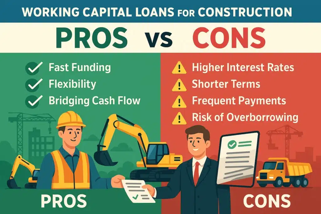 Image depicting “PROS” with check-mark icons (Fast Funding, Flexibility, Bridging Cash Flow) vs “CONS” with caution icons (Higher Interest Rates, Shorter Terms, Frequent Payments, Risk of Over-borrowing). Construction equipment and contractor visuals tie it to the industry. Learn about the pros and cons of working capital loans for construction