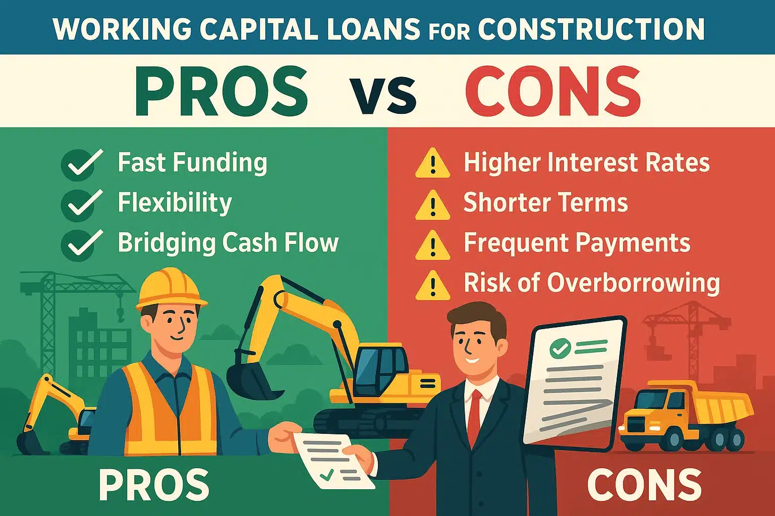 Image depicting “PROS” with check-mark icons (Fast Funding, Flexibility, Bridging Cash Flow) vs “CONS” with caution icons (Higher Interest Rates, Shorter Terms, Frequent Payments, Risk of Over-borrowing). Construction equipment and contractor visuals tie it to the industry. Learn about the pros and cons of working capital loans for construction