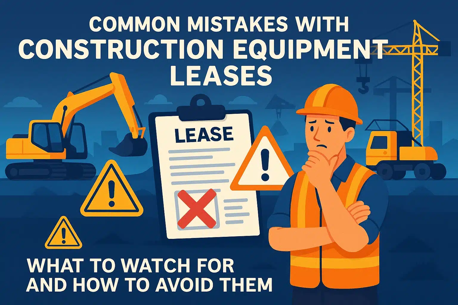 a worried contractor, a lease contract with a big red “X,” bright caution triangles, and construction equipment in the background—perfect for a post on common leasing mistakes and how to avoid them.