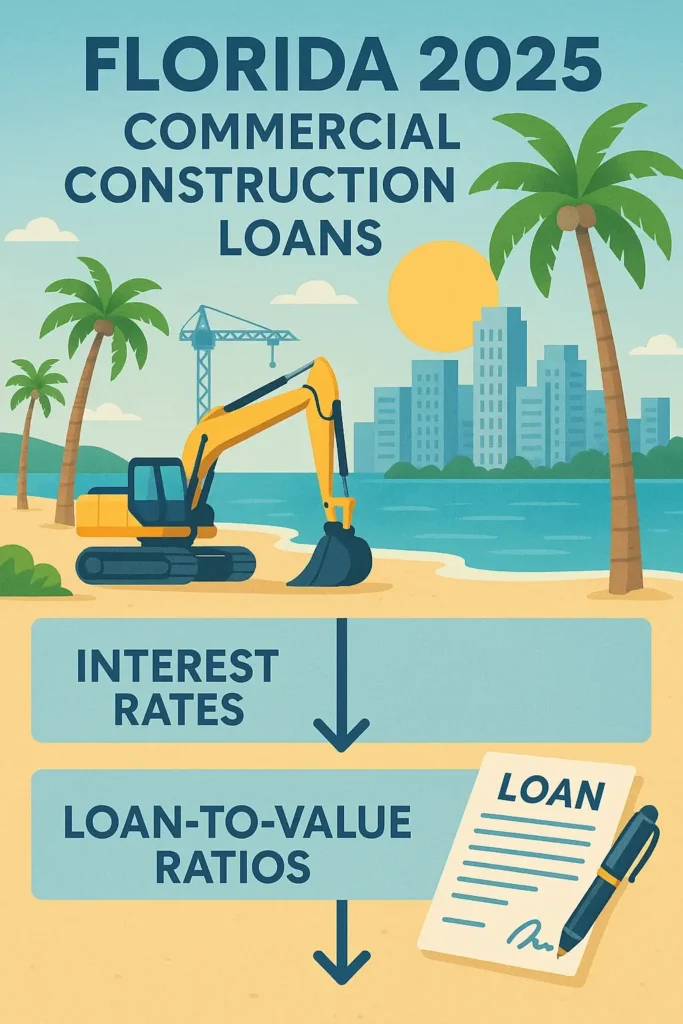 Infographic explaining Best Commercial Construction Lenders in Florida 2025. Highlights interest rates, loan-to-value ratios, and repayment terms. Features construction equipment, legal documents, and urban buildings in coastal blues and sandy beige. Includes easy navigation with clear headers and arrows.