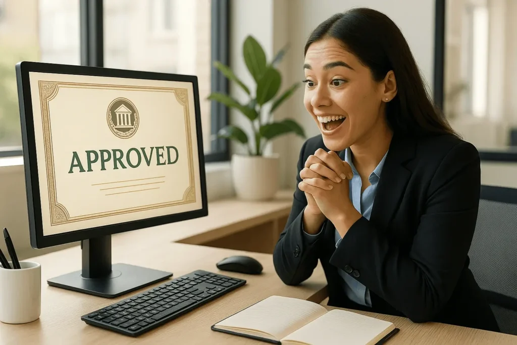 A young businesswoman in a modern office eagerly receiving development loan approval. Her expression shows relief and excitement. The computer screen displays a framed certificate of approval with the bank's emblem, surrounded by a minimalist office setting with natural sunlight.