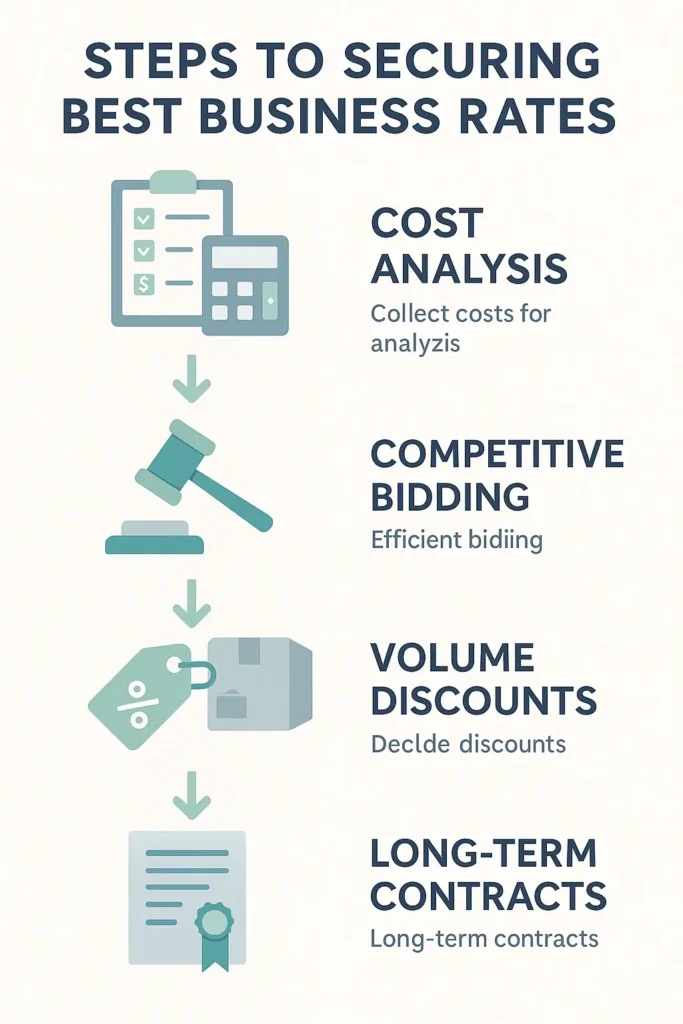 Infographic showing steps for securing best business rates. Features cost analysis, competitive bidding, volume discounts, and long-term contracts. Uses flat icons, soft blues, greens, grays on white. Arrows connect sections for logical flow. Minimal yet detailed, emphasizing progression with gradients and bold sans-serif typography.