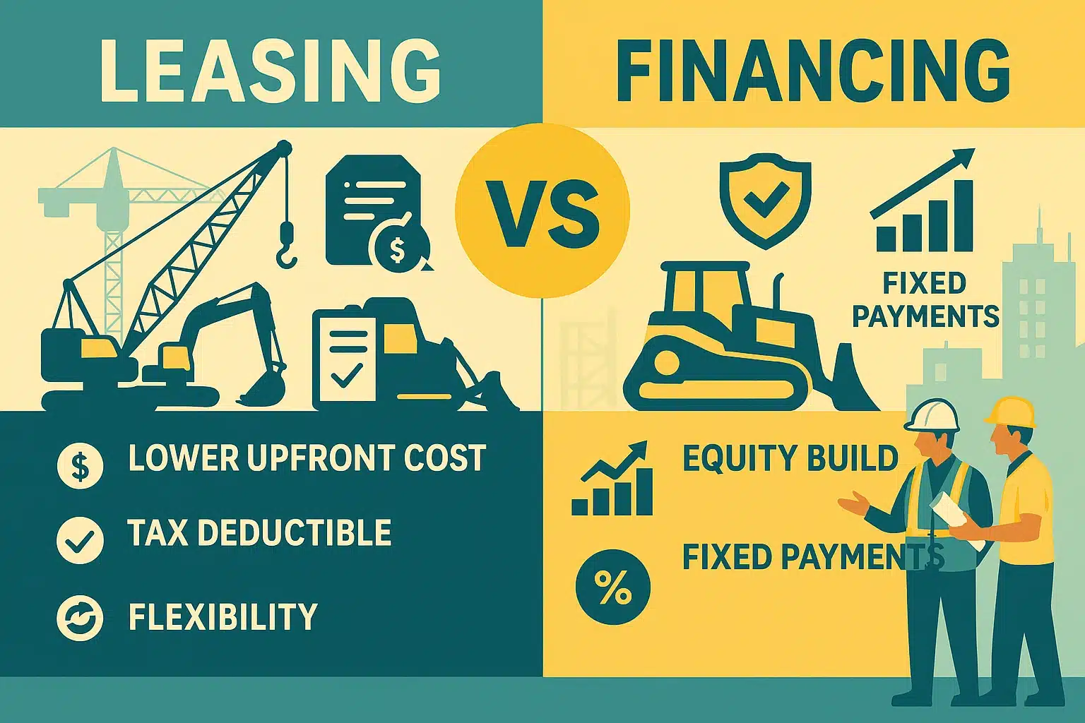 split-screen infographic: “Equipment Leasing vs Equipment Financing.” It shows construction gear under each option, bullet-point icons for cost, tax, flexibility, and equity