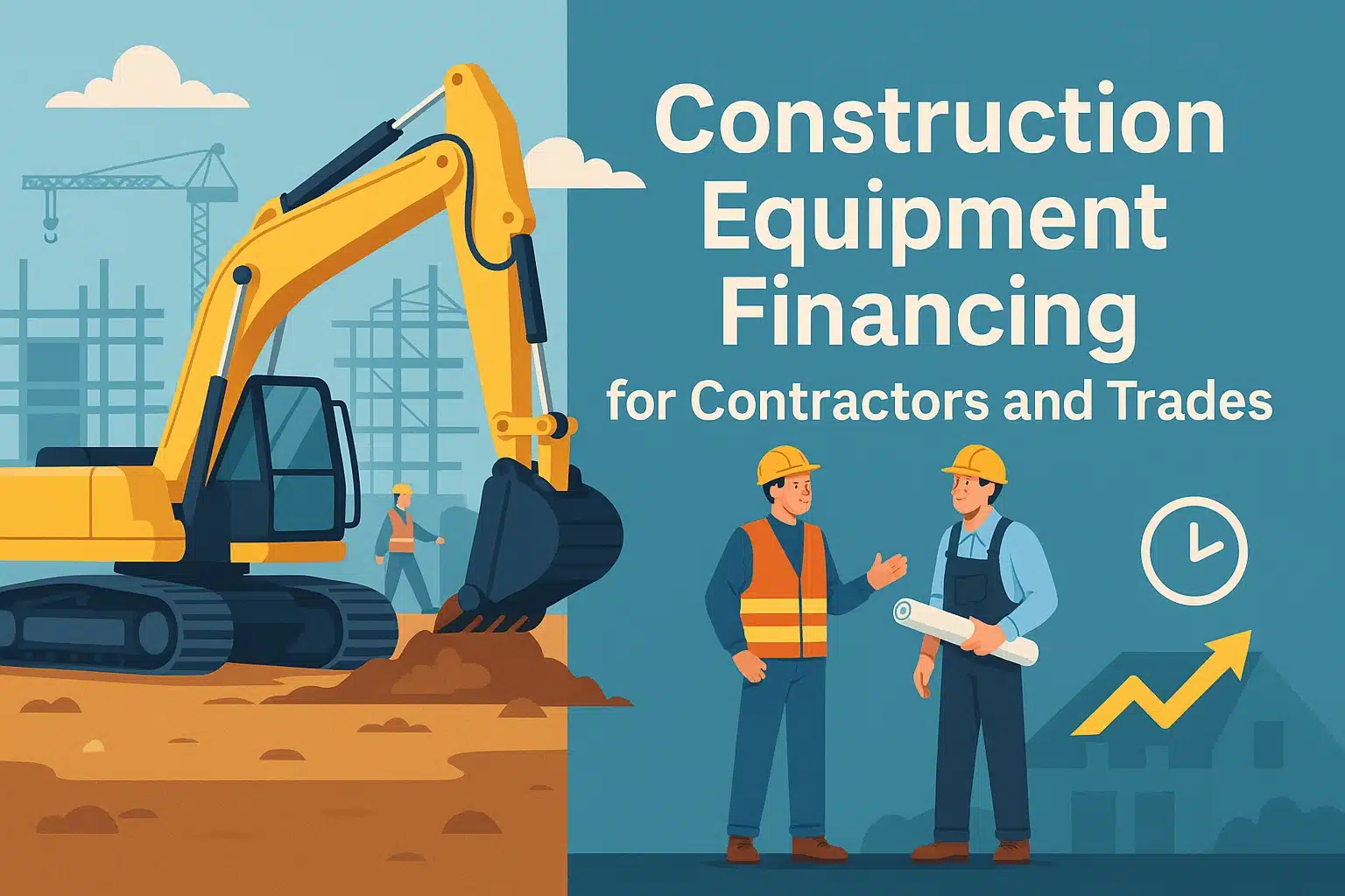 Graphic: a yellow excavator at a busy jobsite, two contractors discussing plans, and bold text that spells out “Construction Equipment Financing for Contractors and Trades.