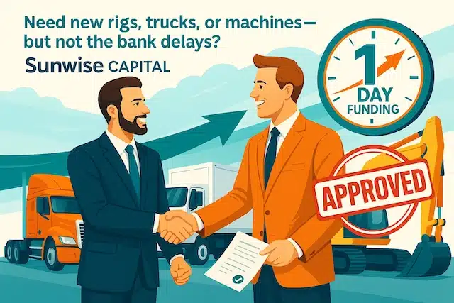 Graphic: handshake deal in front of rigs, trucks, and an excavator; bold copy and clock icon underline “1-Day Funding,” while an “APPROVED” stamp drives the message home.