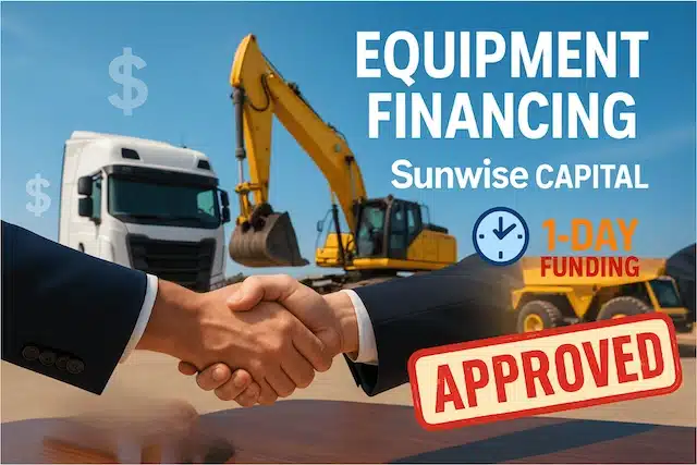 handshake between men as Sunwise Capital provides business with equipment financing with fast approval