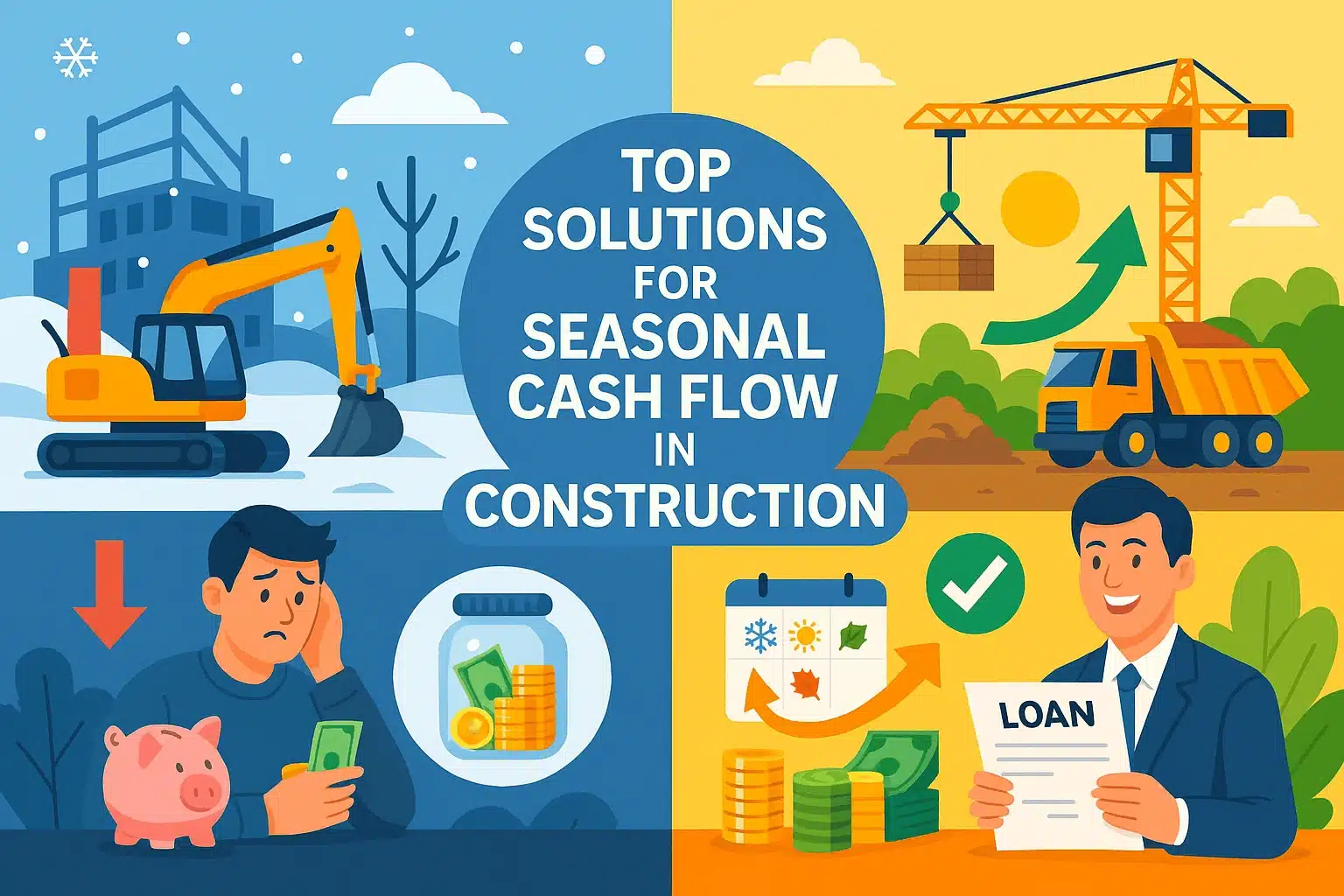 Top Solutions for Seasonal Cash Flow in Construction - split-season graphic: winter lull with idle excavator and downward arrow, sunny busy season with crane and upward arrow, plus icons for cash-reserve jar, seasonal calendar, and short-term loan—perfect for managing seasonal cash-flow swings.