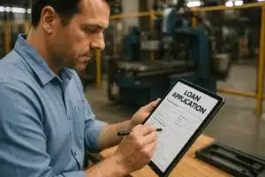 Manufacturing entrepreneur applying for a business loan online with machinery operating nearby.
