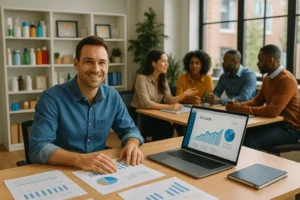 A thriving small business office empowered by merchant cash, showcasing a confident owner at a modern desk, surrounded by financial documents and growth metrics on a laptop. Collaborative team discusses strategies in a vibrant space filled with product samples, awards, and natural daylight.
