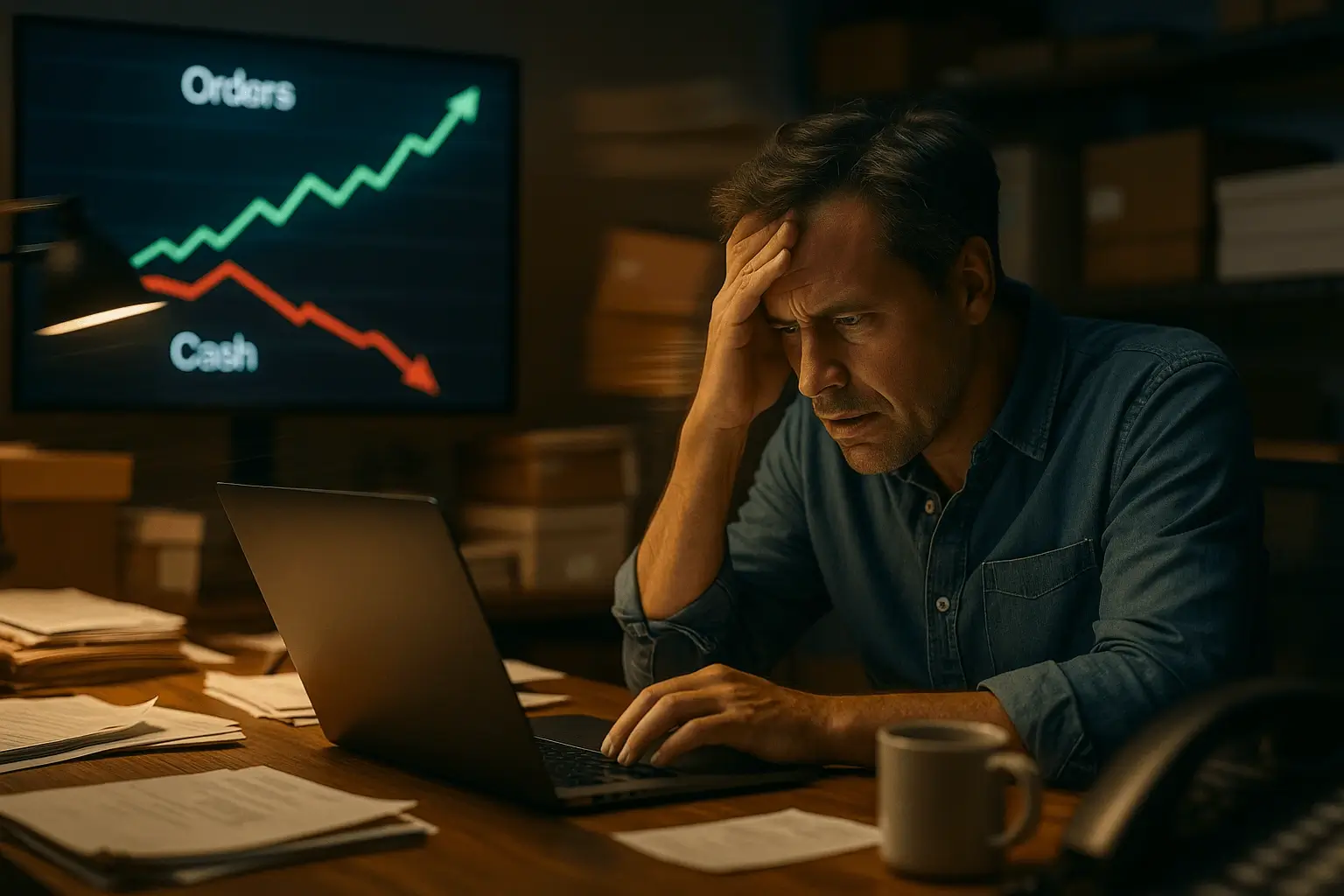 Photo realistic image of business owner feeling whiplash lately—orders up, cash down.