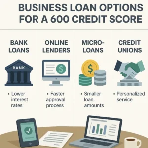 Image detailing business loan options for a 600 credit score. Includes bank loans, online lenders, microloans, and credit unions, with professional colors and easy-to-read titles, showcasing financial pathways and advantages.