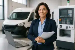 Small business owner reviewing equipment financing documents next to newly acquired machinery, representing fast, flexible business loan options. Looking at the Average Interest Rates for Equipment Loans.