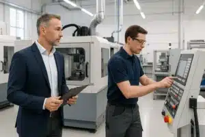 Business owner assessing upgraded manufacturing equipment on a modern production floor with technician in background. Making a decision based on the Benefits of Leasing vs Buying Manufacturing Equipment.