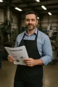Manufacturing business loan requirements - owner reviewing documents to qualify for a business loan inside a factory setting.