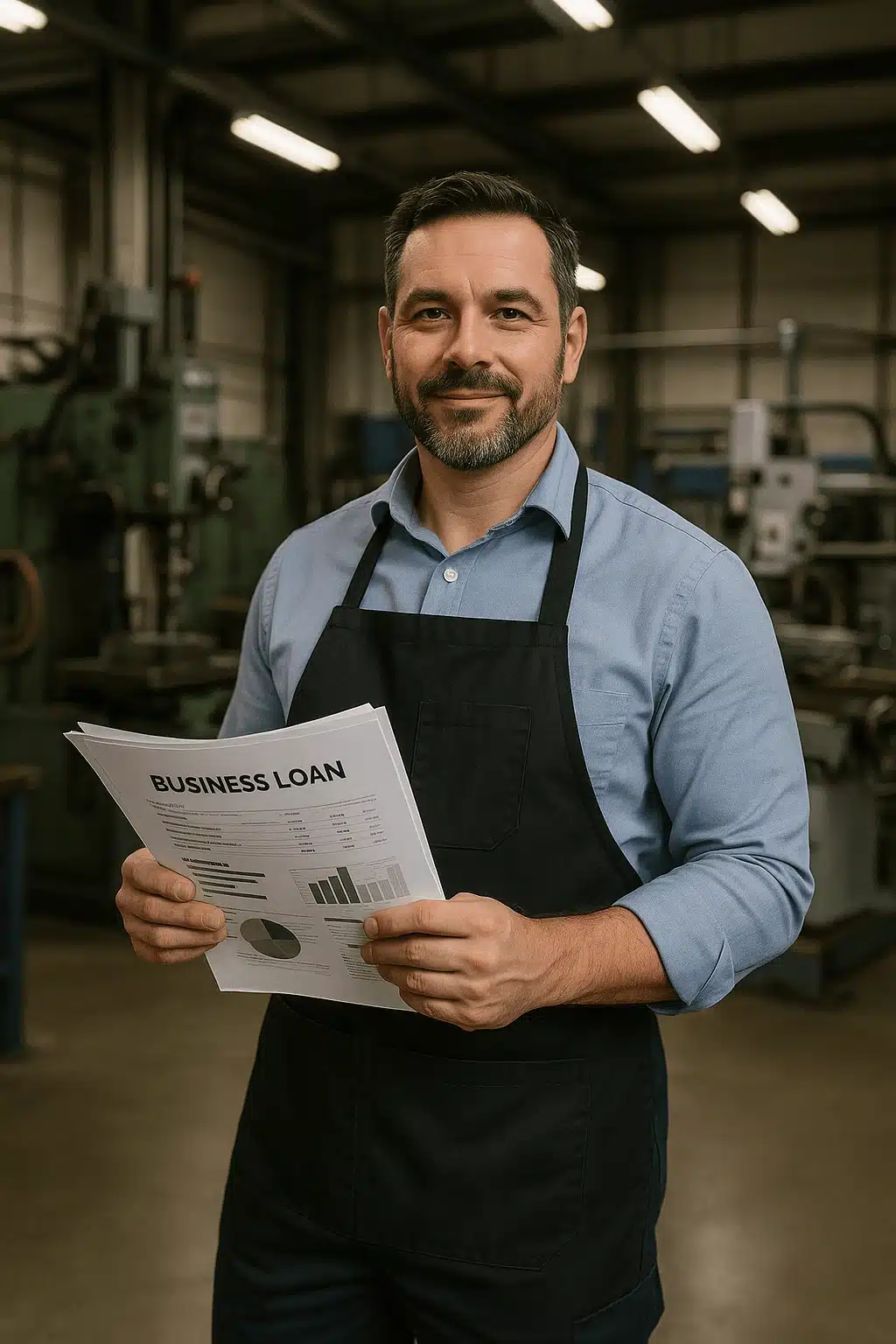 Manufacturing business loan requirements - owner reviewing documents to qualify for a business loan inside a factory setting.