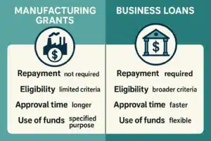 Infographic showing a side-by-side comparison of manufacturing grants vs business loans, including repayment terms, approval timelines, and funding flexibility for manufacturing businesses.