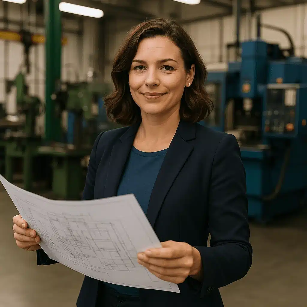 Small business owner inside a manufacturing plant reviewing plans, representing access to flexible manufacturing business loans.