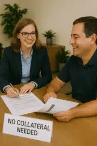 Small business owner discussing unsecured loan options that do not require collateral.