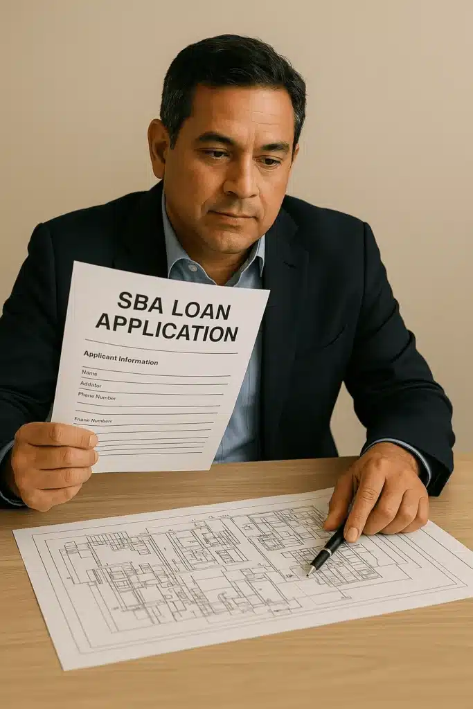 Manufacturer reviewing SBA loan documents alongside facility expansion plans.