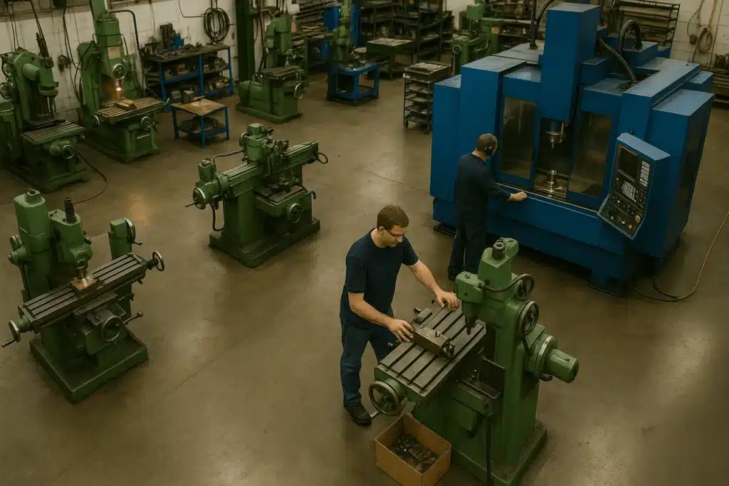 Active factory floor with equipment and staff, illustrating the importance of business loans for manufacturing stability and growth.