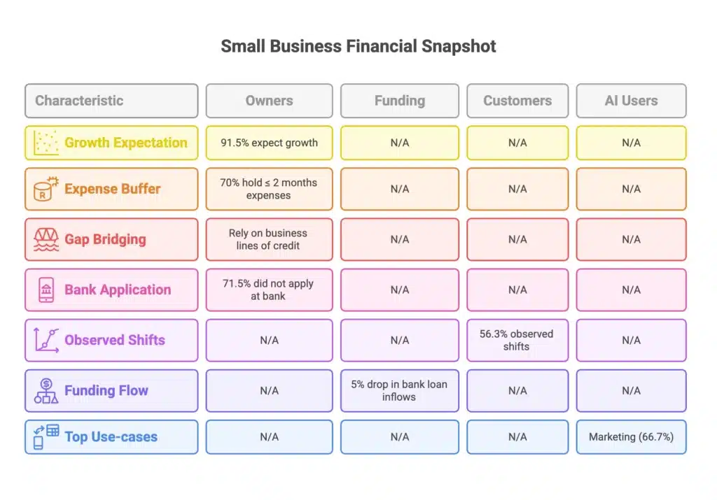 Cash Flow Reality Check - Summary of numbers from OnDeck. Q2-2025 Small Business Cash Flow Trend Report — Full Results. Customer survey, June 17–30, 2025. (Figures cited include: growth expectations; cash-buffer distribution; cash-management tactics; bank vs. non-bank behavior; customer-behavior shifts; AI usage.) Ocrolus (via OnDeck report). Small Business Loan Application Data, Apr 2024–Jun 2025. (Bank loan inflows −5% YoY; fintech inflows +4% YoY.)