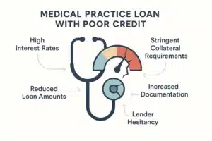 Infographic illustrating challenges of securing a Medical Practice Loan for Poor Credit Score, featuring a stethoscope with a cracked credit gauge, labeled issues like high interest rates, strict collateral, more documentation, reduced loan amounts, and lender hesitancy in a clean, professional design.