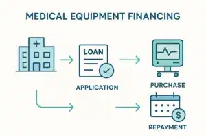 Minimalist infographic depicts medical equipment financing vs practice loan process for healthcare professionals, using icons: hospital, equipment, loan forms, and calendar. Arrows illustrate steps: application, approval, purchase, and repayment. Calming blues and greens on a clean white background.