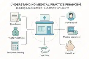 Minimalist infographic displaying key medical practice financing concepts, including a central clinic, loan documents, calculator, piggy bank, and a cash flow flowchart. Icons represent funding sources and expense categories, connected by labeled lines, all in a crisp, educational flat design for accessibility.
