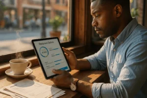 Doctor reviewing fast digital loan approval on a laptop with minimal paperwork, symbolizing Sunwise Capital’s streamlined medical practice loans process.