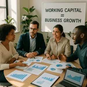 Diverse team in a bright office engaged in a strategic meeting around a round table with financial charts, graphs, and reports. Sunlight and plants signify growth. A whiteboard highlights 'Working Capital = Business Growth,' capturing the focus and energy of effective working capital management. They are seeking a fast working capital lender.