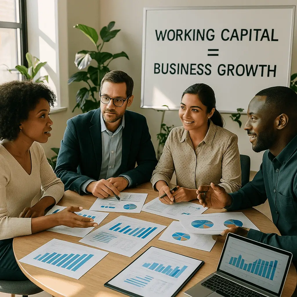Diverse team in a bright office engaged in a strategic meeting around a round table with financial charts, graphs, and reports. Sunlight and plants signify growth. A whiteboard highlights 'Working Capital = Business Growth,' capturing the focus and energy of effective working capital management. They are seeking a fast working capital lender.