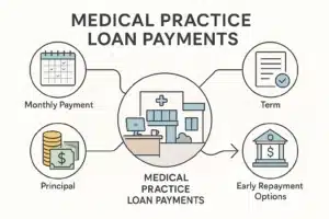 Infographic displaying a clinic with icons for amortization calendar, cash, loan agreement, payment flow, and repayment terms. Section headers read: Principal, Interest, Term, Monthly Payment, and Early Repayment Options. Additional details include a calculator, stethoscope, and coffee cup for context. It's all about How to Calculate Medical Practice Loan Payments: A Step-by-Step Guide for Doctors