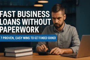 Image of business owner at a desk sitting with laptop open, calculator and pen in hand with books off to the side. Looking for fast business loans without paperwork.