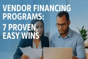 Man and woman behind laptop examining vendor financing programs - looking for 7 proven easy wins.