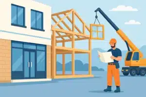 Image depicting man in hardhat standing with blueprints in hand as crane lifts addition made possible with Business Expansion Loans