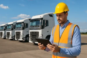 Man in hard hat reviewing inventory of new trucks after securing truck fleet financing