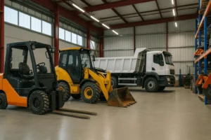 Garage storing white dump truck, front end lifter and fork lift. If you need an equipment financing company,new or used reach out to Sunwise Capital