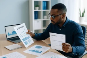 Business owner at desk reviewing cash flow and invoices and the Top Reasons to Choose Sunwise Capital for Working Capital Loan Company