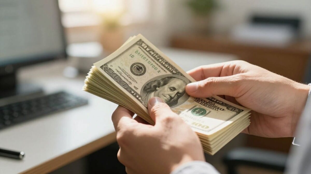 Hands holding cash, business funding concept.