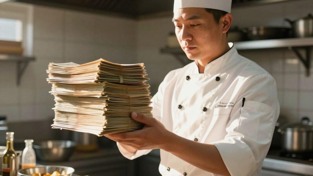 Chef holding cash in a restaurant kitchen.