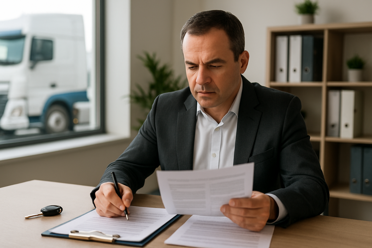 equipment financing for trucking companies — commercial fleet trucks parked at freight yard
